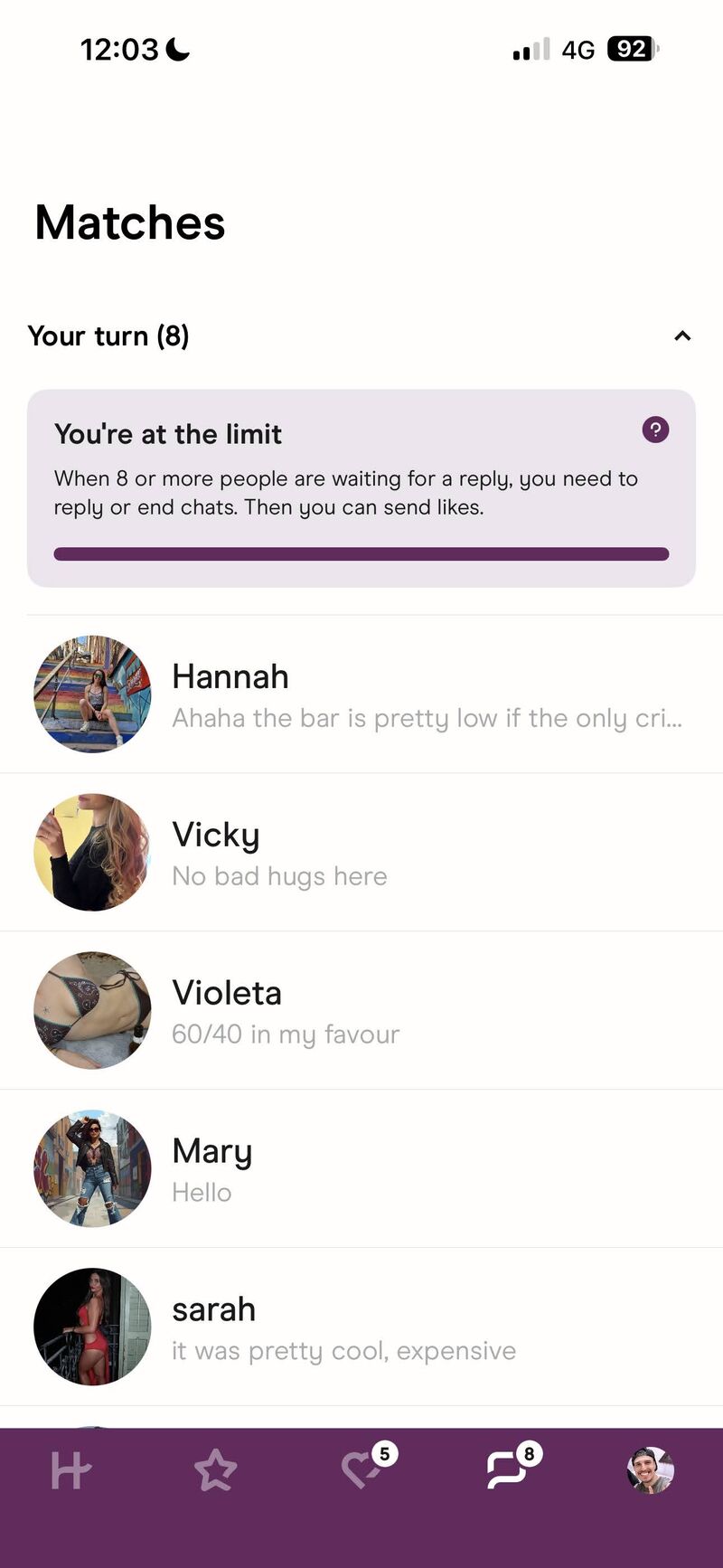 Hinge matches inbox showing eight people waiting for a reply