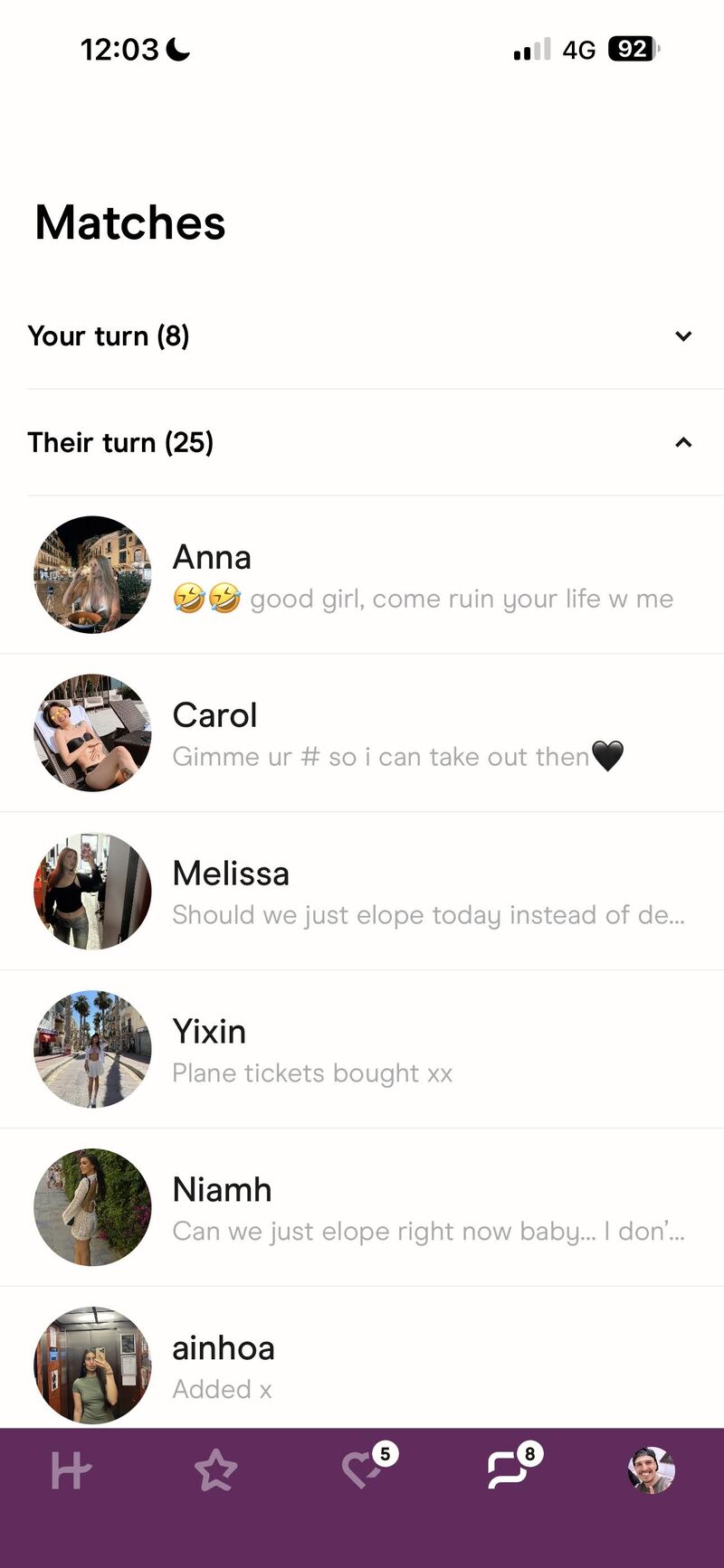 Hinge matches inbox showing twenty-five matches waiting